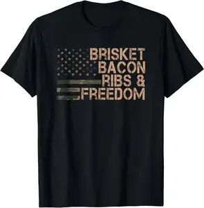 Brisket Bacon Ribs & Freedom Grill BBQ Funny Meat Smoking T-Shirt Pure Cotton Graphic Tees Menswear Top: Gifts for Men & Women