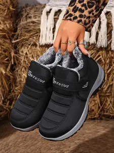 Couple Plush Lined Ankle Boots, Fluffy Snow Boots, Slip-On Soft Sole Anti-Slip Snow Boots, Velcro Easy Open Warm Winter Flat Shoes, Travel Outdoor Activities