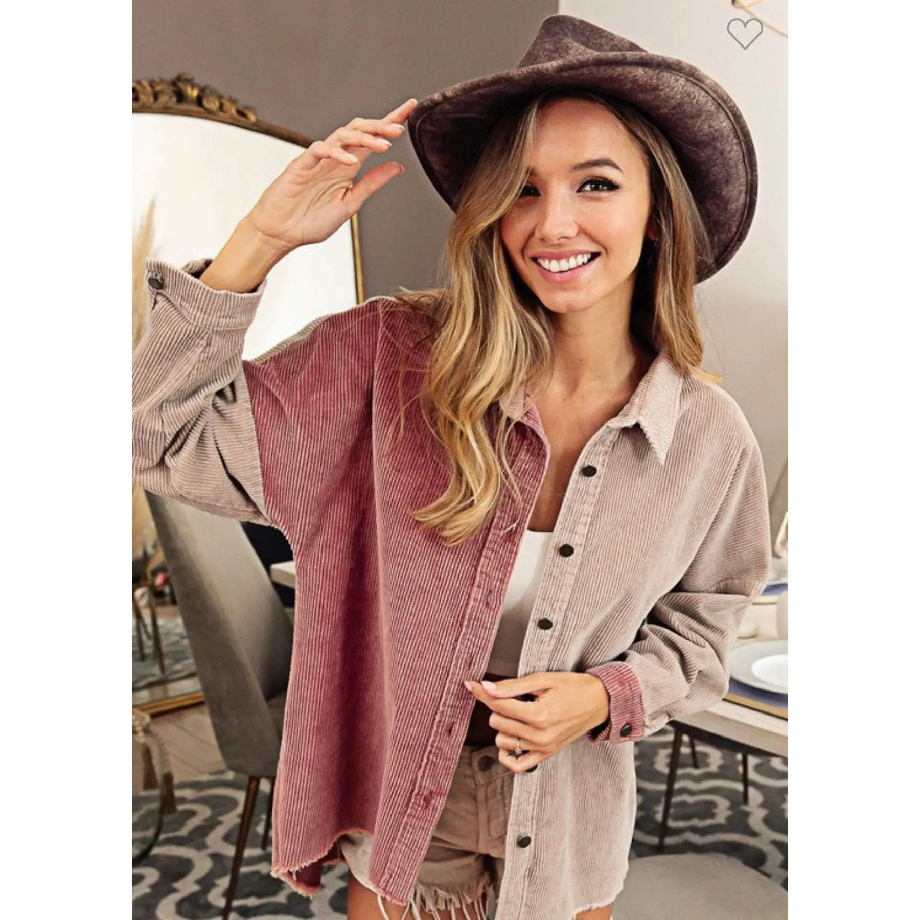Maxine - Pink/Mauve Color Block Corduroy Shacket