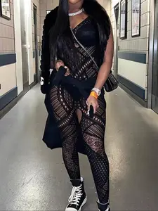 Women's Sexy Transparent Fishnet Jumpsuit, Hollow Out Festival Beachwear, Summer Swimsuit, No Accessories Included