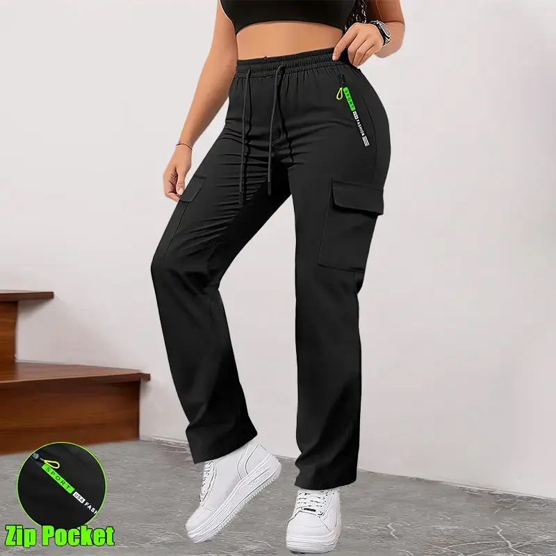 Women&rsquo;s cargo pants with multiple pockets for spring and autumn&mdash;thin, straight-leg casual long pants featuring zippered pockets and an elastic waistband, suitable for outdoor sports and everyday outings., Bottom, Basic