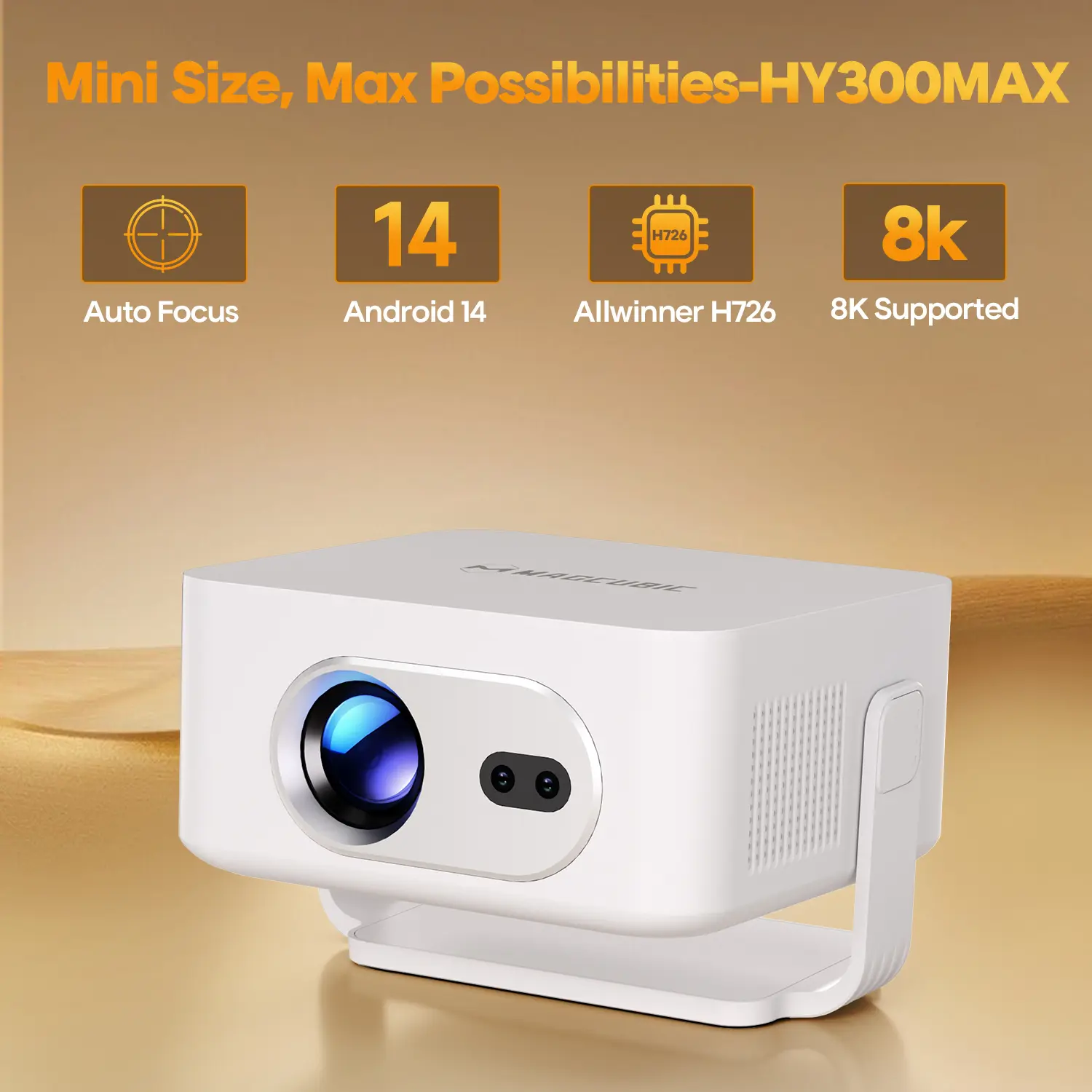 Magcubic HY300MAX Auto Focus Projector 8K Decode HD 400ANSI Android 14 Allwinner H726 with 0.8:1 Throw Ratio Dual WiFi6 BT5.4 Auto Keystone HDR/HDR10+/HLG Native 720P Built-in Speaker Portable Mini Home Cinema Movie Outdoor #TikTokShopBackToSchool