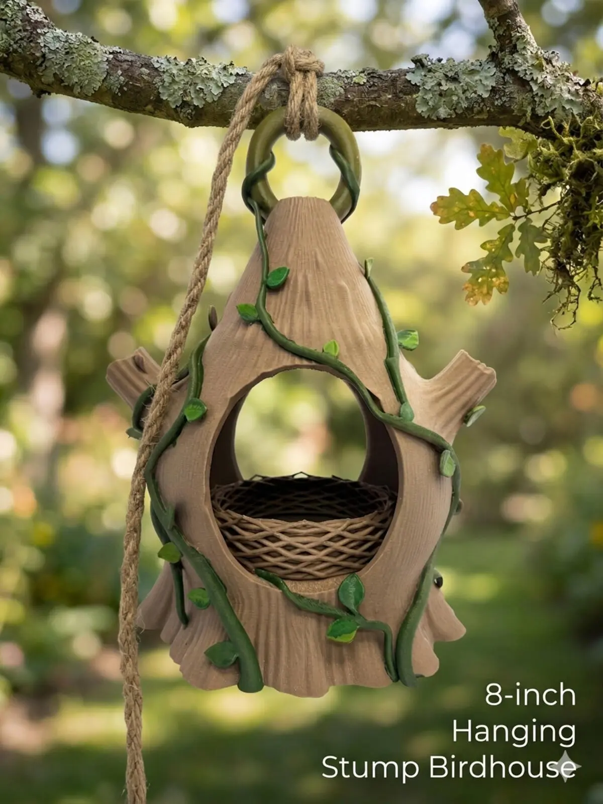 3D Printed 8 Inch Stump Bird House - Brown and Green