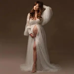 2025 New Fashion Pregnant Woman Luxury Dress for Photoshoot Long Loose Split Maternmity Beading Dress Floor-length Beaded Dress