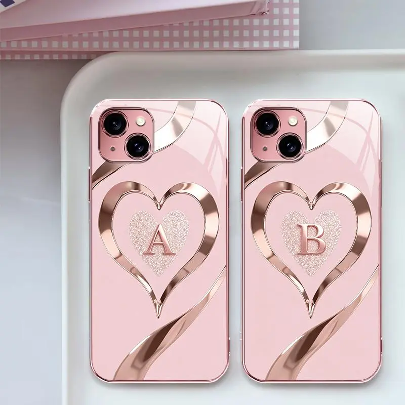 Suitable for [iPhone 15 Plus ] Luxury Rose Gold Heart Monogram Phone Case | Personalized A-Z Initial Electroplated Glossy Glass Protective Cover | Shockproof Drop Protection, Anti-Scratch & Anti-Fingerprint | Cute Gift for Her -JS996