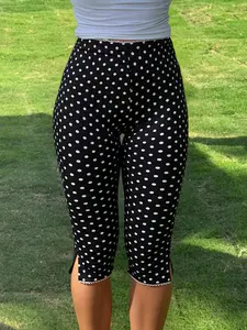 Black Polka Dot High Waist Lace Trim Stretchy Slim Fit Casual Retro Summer Daily Wear Capri Leggings, Lightweight Breathable Soft Fabric Calf-Length Pants with Side Slit Delicate Hem Trim, Versatile for Street Style Everyday Outings and Casual Occasions