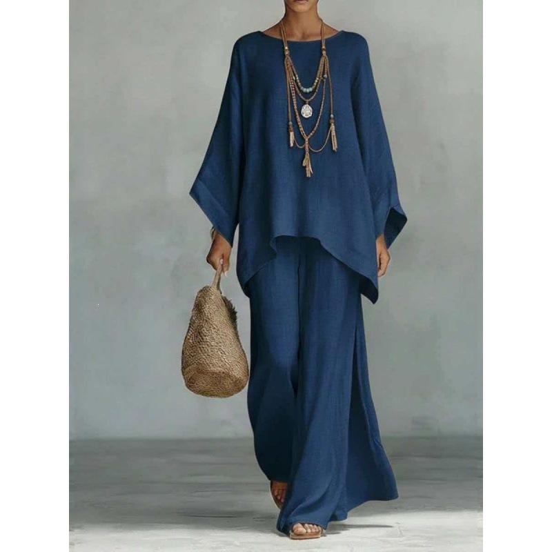 Women's Minimalist 2-Piece Set, Linen-Blend Loose Button-Down Shirt and Wide-Leg Pants Casual Outfit, Women's Clothes, Two Piece Set