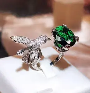Hummingbird Green Stone Silver Plated Hummingbird Unique One Size Ring with Green Stone - Charming Design, Versatile for Formal and Casual Occasions sarah kim