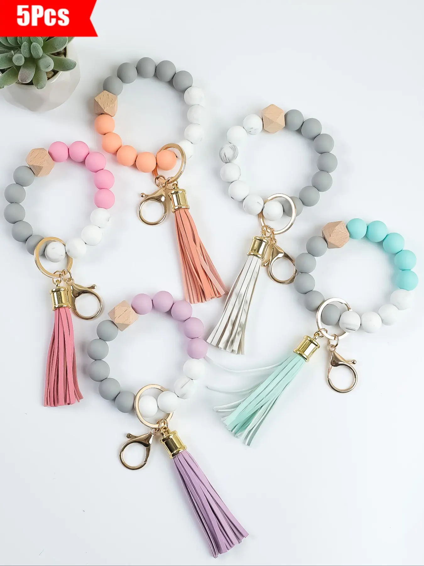 5-Piece Macaron Color Beaded Set with Silicone Beads and Tassel, Chic and Versatile for Keys or Bags, Stylish Keychain, Perfect Gift for Mom and Friends, Keychain Bag Pendant, Stylish Keyring