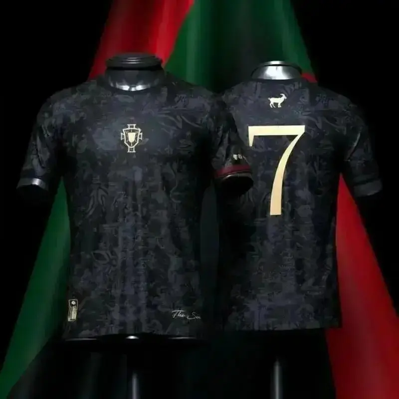 CR7 Cristiano Ronaldo Portugal GOAT Concept Soccer Jersey Black Gold Football Shirt Aesthetic Streetwear Athletic Kit Premium Breathable Jersey Fans Gift Merch