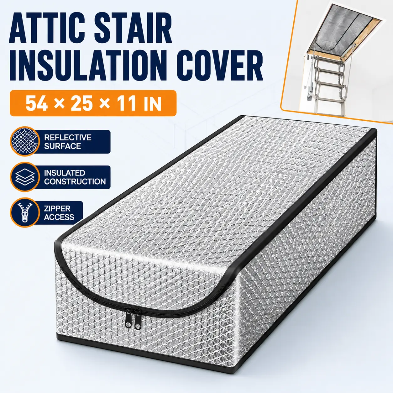 54 x 25 x 11 Inch Attic Stair Insulation Cover, Reflective Foil Attic Tent with Zipper Access for Pull-Down Stairs, Year-Round Attic Door Insulation Cover