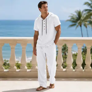 Men's Summer Hooded Shirt and Pants Set, Lightweight Breathable 2 Piece Resort Lounge Outfit with Drawstring # solid polo