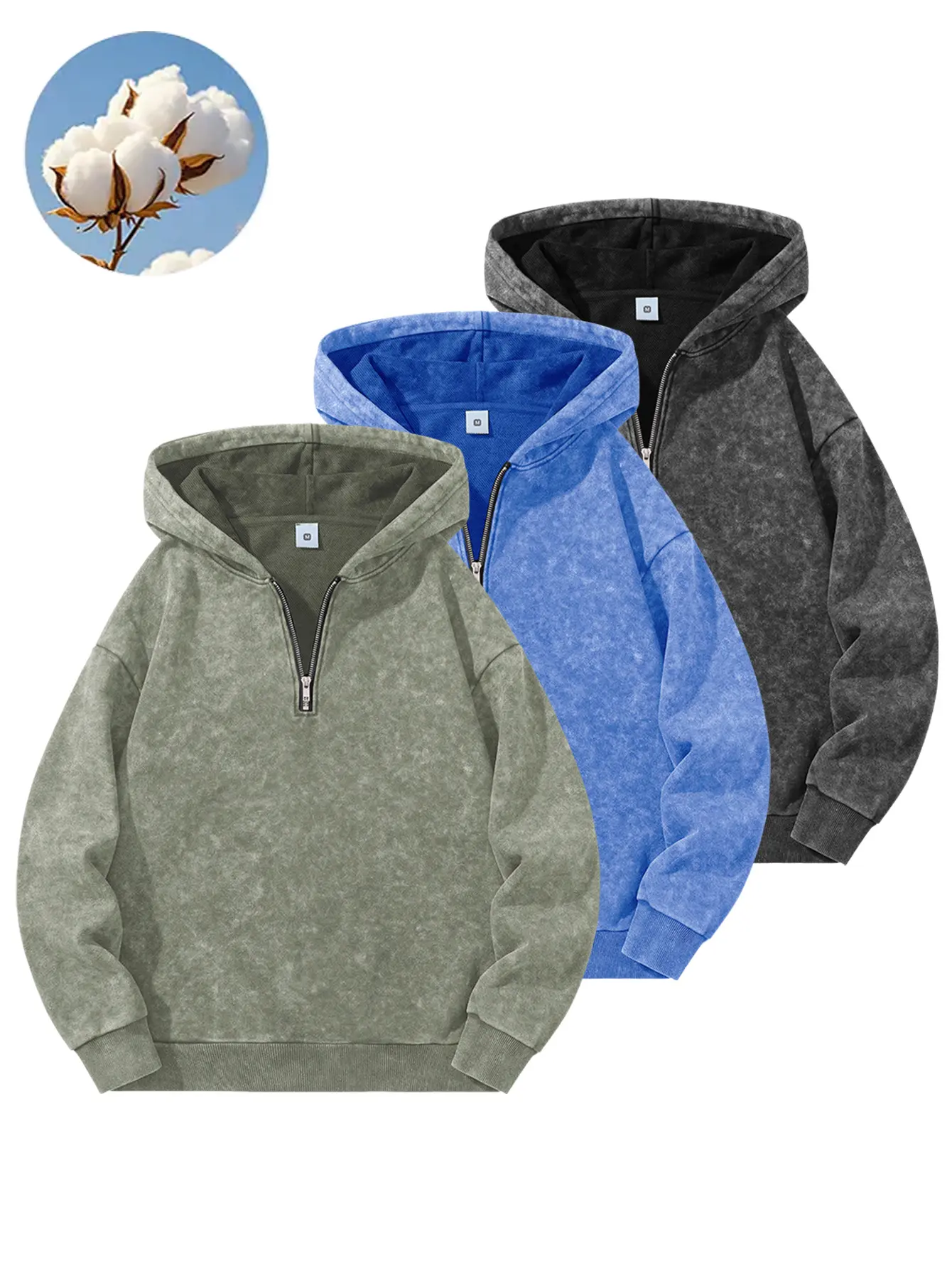 3-pack men’s autumn/winter quarter-zip pullover sports sweatshirts with hood, regular fit, acid-washed distressed cotton fabric, long sleeves, casual style.Perfect for everyday commuting, sports training, dates, and outdoor leisure activities; available i
