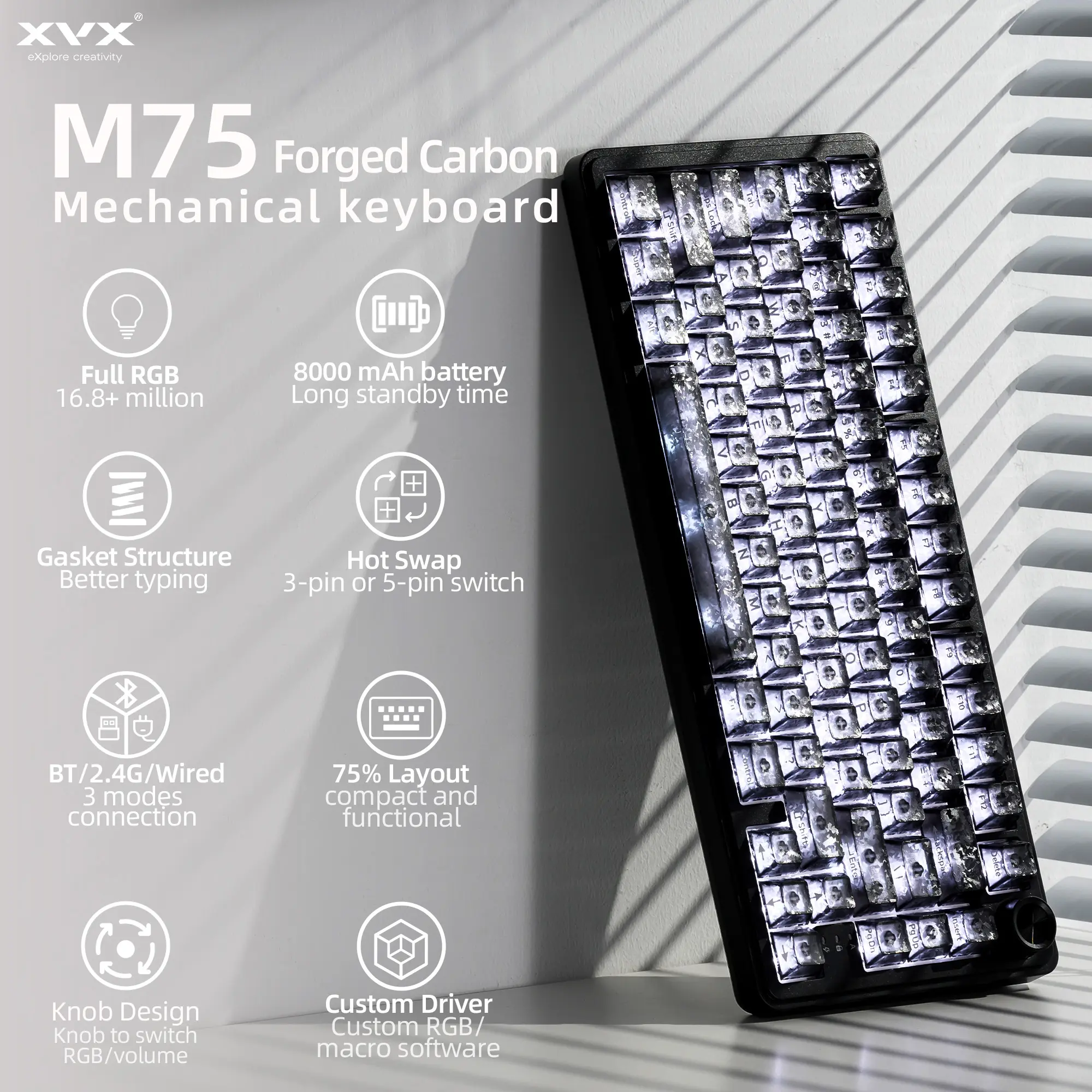 XVX M75 Tri-Mode 75% Mechanical Gaming Keyboard with Knob, Forged Carbon-Look keycaps, Hot-Swappable, USB Charging, RGB Backlight, PBT Heart corner legend Keycaps, Multimedia Scroll Wheel, Creamy Keyboards PC accessories
