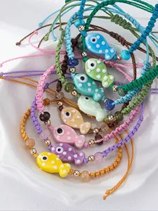 Summer Beach Jewelry Ceramic Fish Bracelet, Braided Wax String Surfing Bracelets, Handmade Boho Jewelry, Random Colors and Shapes