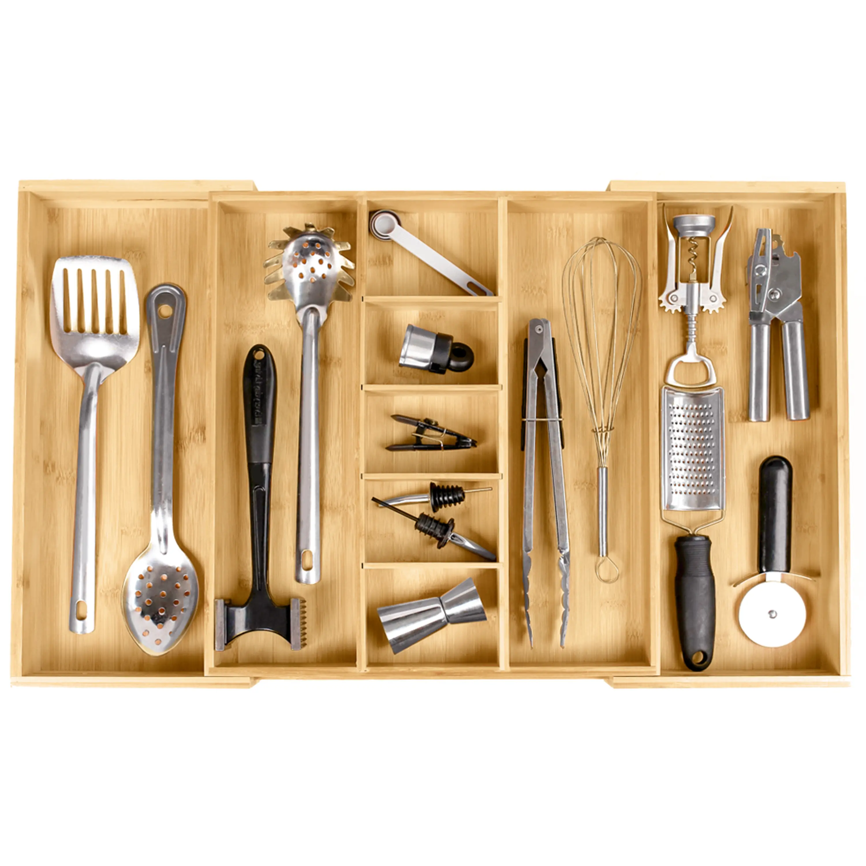 KitchenEdge Adjustable Kitchen Drawer Organizer for Utensils & Junk Food-Safe Bamboo Racks Expandable 16" to 28" Wide Non-Slip Wooden Storage Racks with 9 Compartments and 4 Removable Dividers