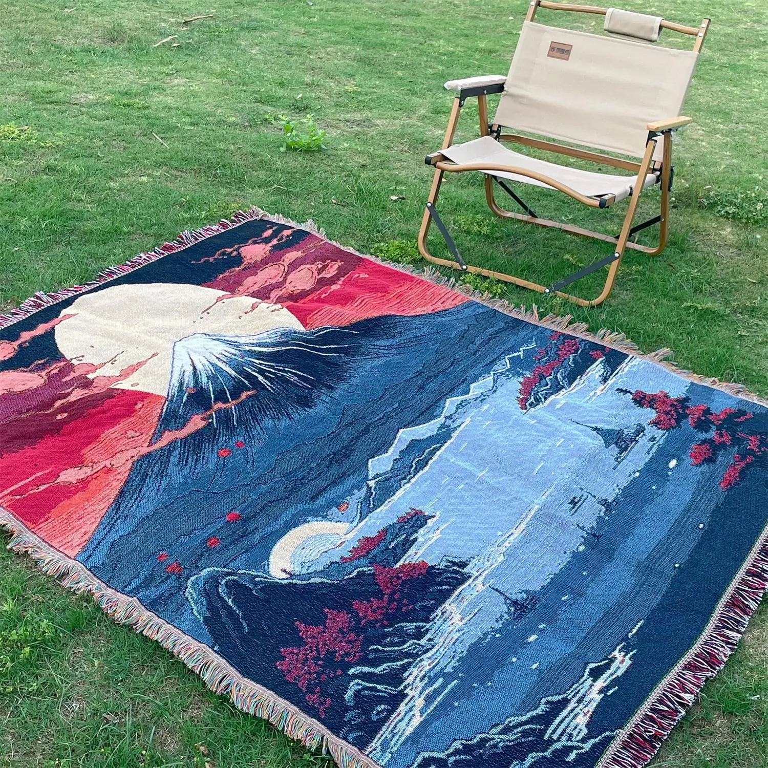 Landscape Pattern Bohemian Style Woven Tassel Trim Throw, Portable Thickened & Tear Resistant Blanket for Bed, Sofa, Beach