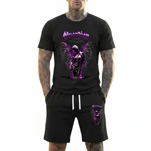 Men’s Guardian Angel Graphic T-Shirt and Shorts Set, Gothic Print Short Sleeve Tee with Drawstring Shorts, Casual 2 Piece Outfit, Breathable Summer Streetwear Matching Set for Daily Wear, Travel and Home