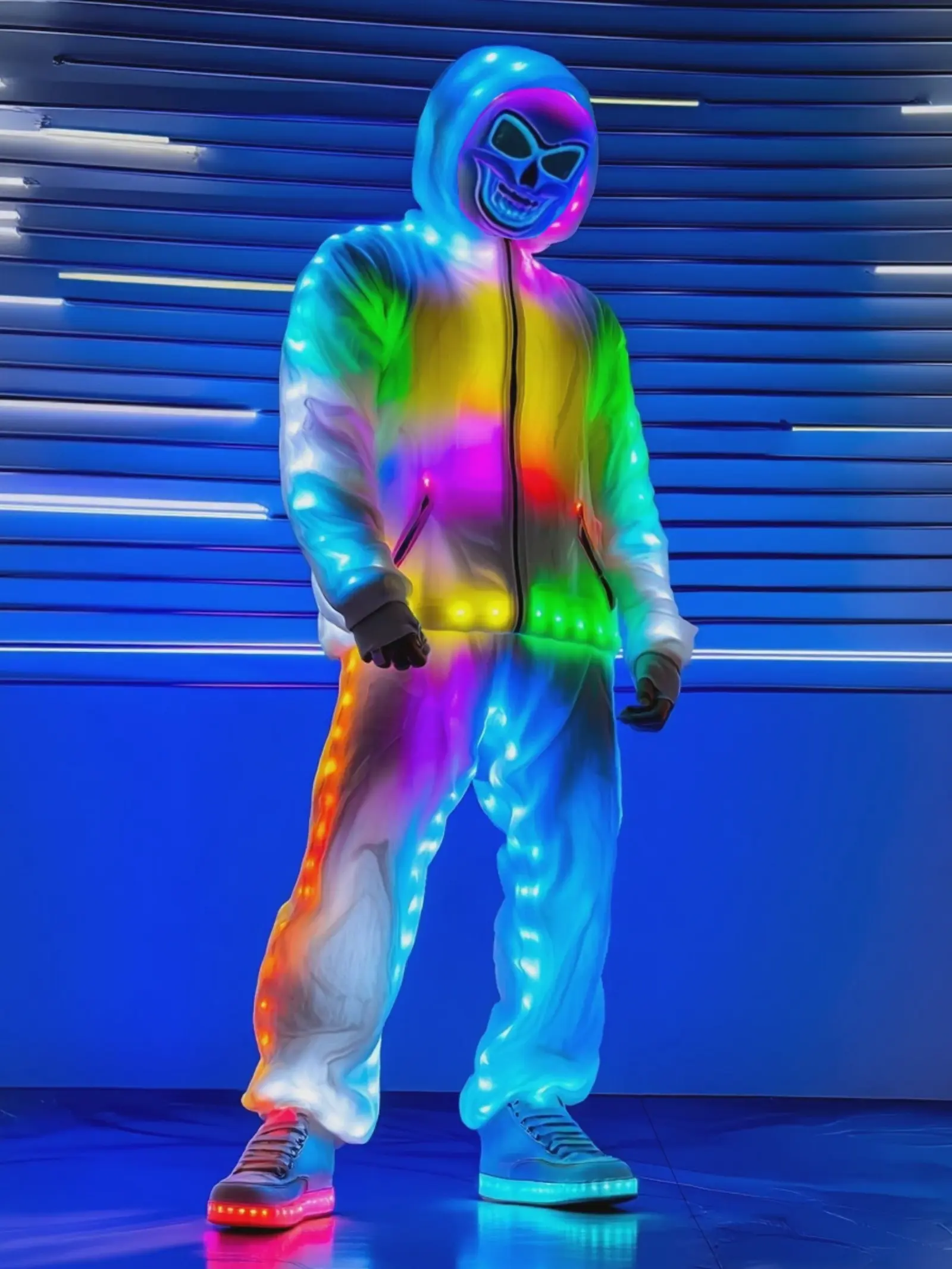 Smart LED Light Up Hoodie Set | Music Sync Color Changing Festival Outfit for Rave, Party, Halloween, EDM, Christmas, White Menswear