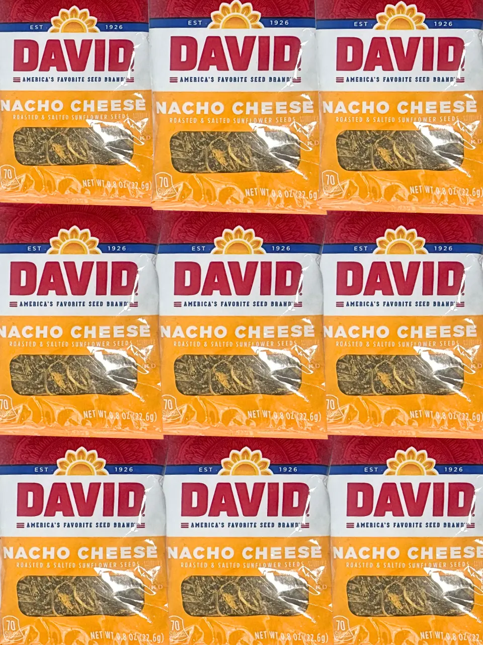 DAVID Nacho Cheese Sunflower Seeds 9 Pack or 12 Pack NYC Bodega Snacks NY Snack Pantry Roasted Salty DAVID Nacho Cheese Sunflower Seeds 9 Pack or 12 Pack NYC Bodega Snacks NY Snack Pantry Roasted Salty