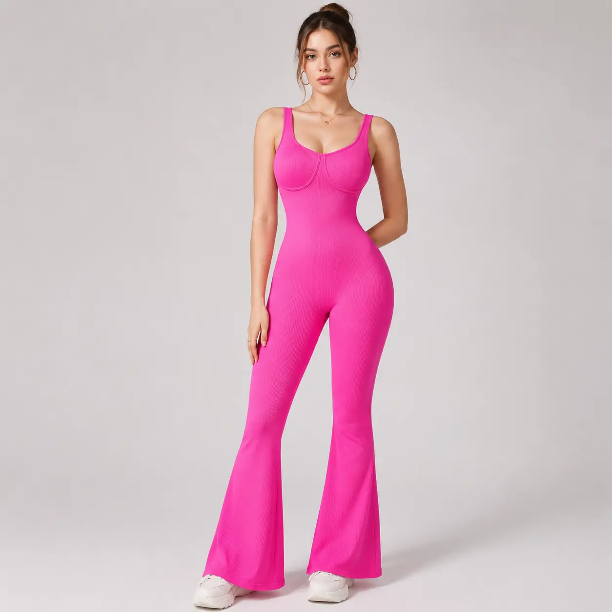 U-Neck Wide Strap Ribbed Flare Jumpsuit, Tummy Control Butt Lifter One Piece Yoga Bootcut Workout Bodysuit