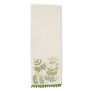 Cream Table Runner With Embroidered Ferns 72 Inch Length
