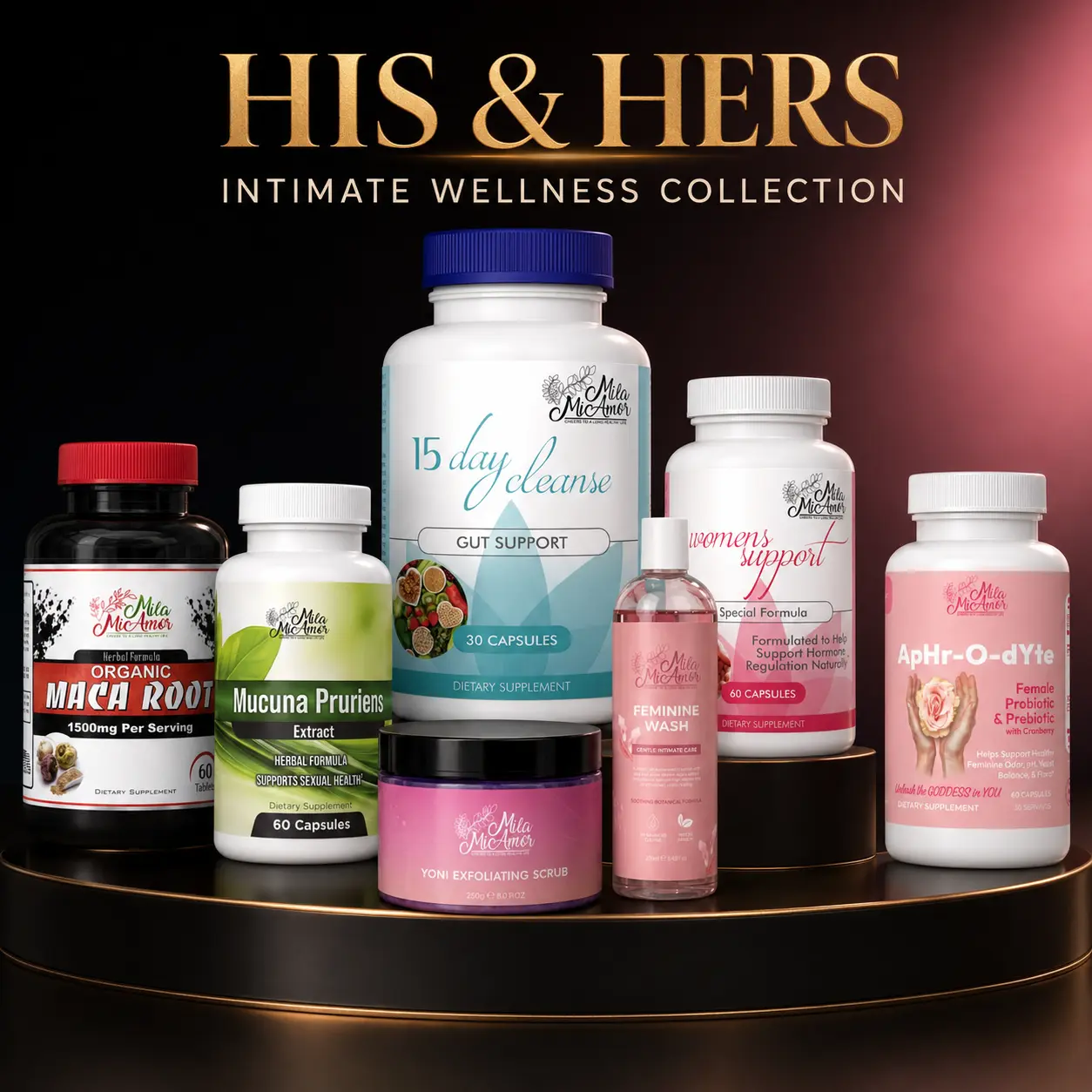 TT Exclusive Milamiamor His & Hers Intimate Wellness Collection – 15-Day Cleanse, Maca Root, Mucuna Pruriens, ApHr-O-dYte, Women’s Support, Feminine Wash & Scrub