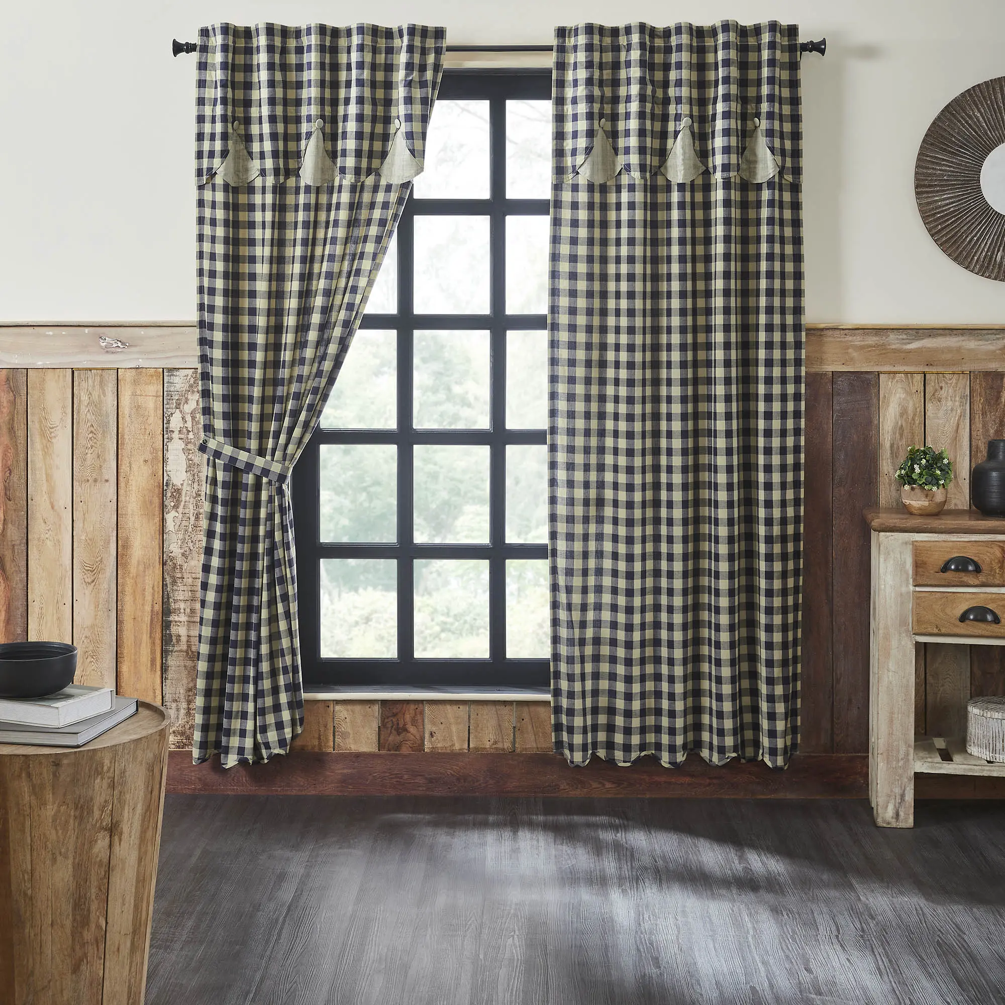 Americana Aesthetic 100% Cotton Curtain Panels, Navy & Khaki Check Print Flat Weave Long Household Curtains