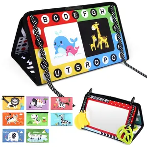 Baby Tummy Time Floor Mirror, High Contrast Crinkle Cloth Book with Teethers, Toddler Busy Book, Activity Developmental Gift Toys for Infants