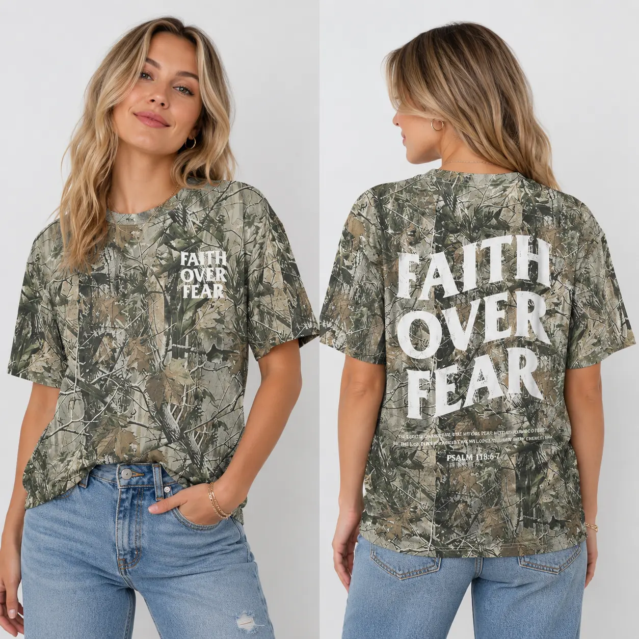 Unisex Faith Over Fear Dead Leaves Camo Print T-shirt, 3D Camo T-Shirt, 3D Camo Style T-Shirt, 3D Camo Shirt