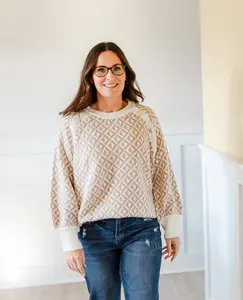 Crew Neck Geo Patterned Knitted Sweater- Taupe & Black