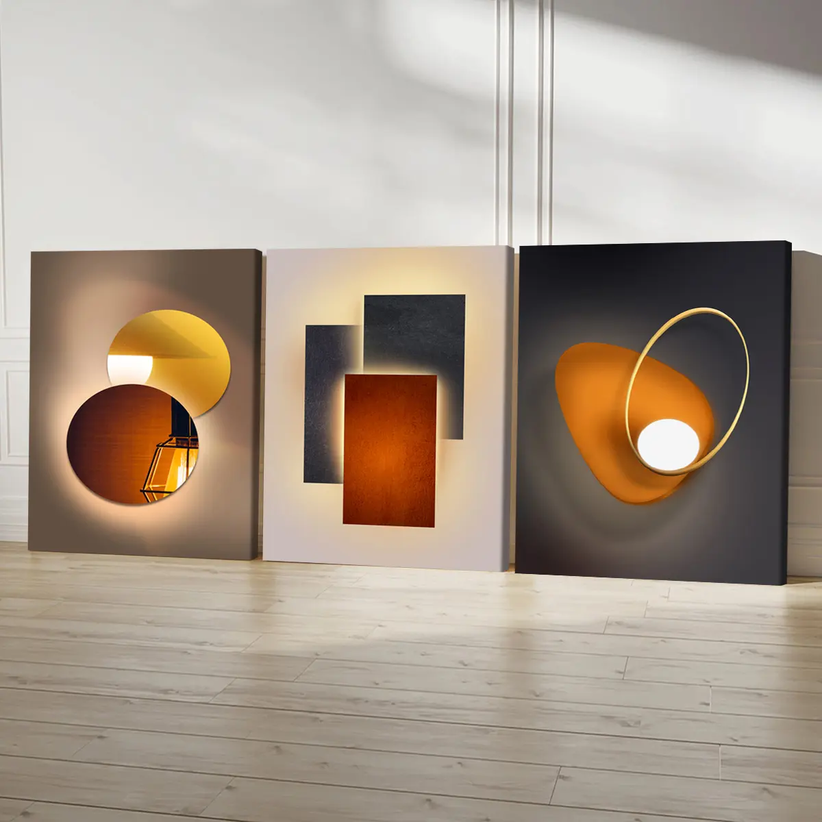 3Pcs Wooden Framed Canvas Wall Art Set - Modern Art Design Abstract Geometric Lighting & Mirror Print, Odorless Home Decor Products for Living Room, Bedroom Wall Decorations, Living Room Decorations