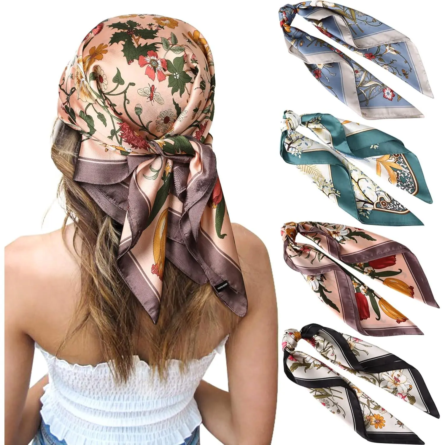 4-Pack Silk-Feeling Satin Head Scarves for Women, 27x27 in (70x70 cm) Elegant Floral Bandana Style Neckerchief, Soft Fabric for All Seasons, Handbag Accessories, 70*70 Cm, Flowers, Scarf Head Wrap, Parties, 27*27 Inches, Square Shape, Everyday, Female, Fa