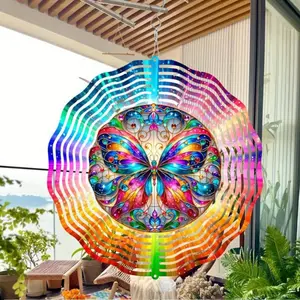 Boho Butterfly Wind Spinner Rainbow Stained Glass Wind Chime for Outdoor Garden Patio Decor Weatherproof Metal Hanging Ornament Gift for Christmas Halloween Easter