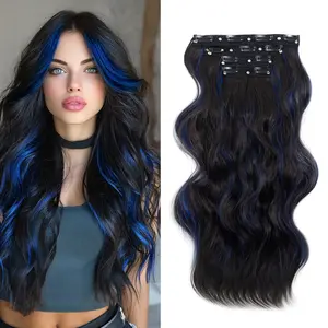 [ Qbeauty ] Natural Black With Blue Clip- in Synthetic Hair Extensions Long Wavy 4PCS Thick Hairpieces Double Weft Natural Hair Extensions for Women