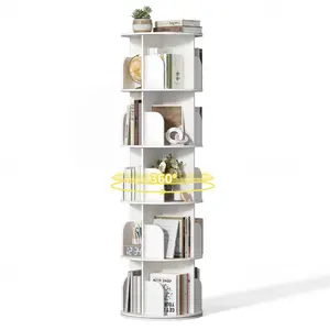 5-Tier Rotating Bookshelf,Freestanding Corner Bookshelf,360° Spinning Bookcase,Industrial Style Storage Rack with Rails, for Living Room,Bedroom,Study,White,Rotating 5 Tier Book Tower,360 Degree Revolving Shelf,Vertical Spiral Corner Bookcase