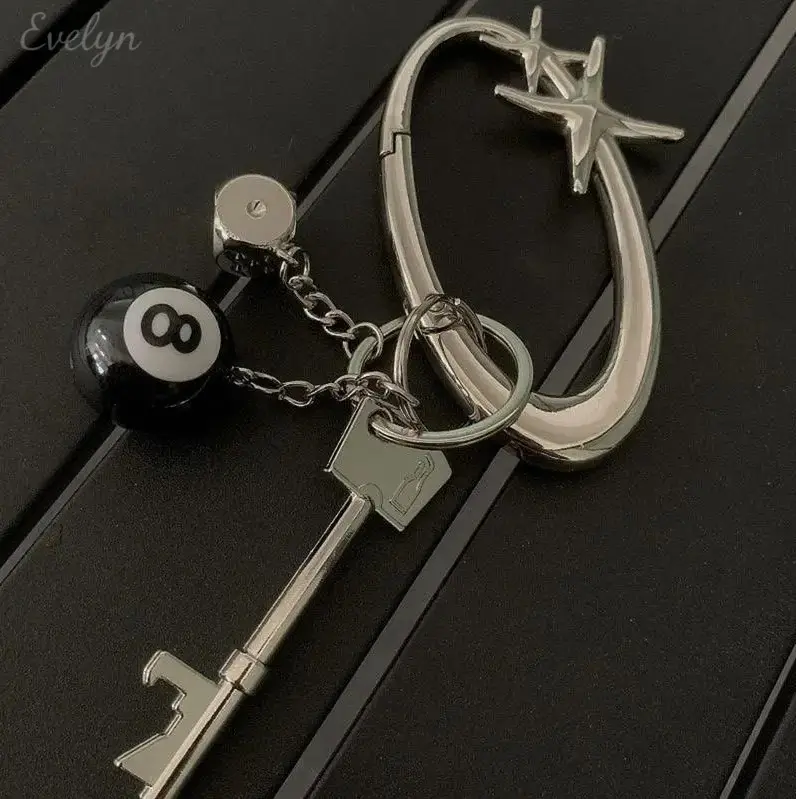 Y2K Star Carabiner Keychain with 8‑Ball & Dice Charms, Silver‑Tone Metal Bag Accessory