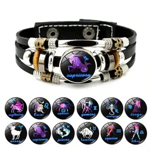 Popular Simple 12 Zodiac Sign Multilayer PU Leather Beads Bracelet for Men, Daily Wear, Wedding Party, Birthday Gift, Valentine's Day, Fashion Jewelry