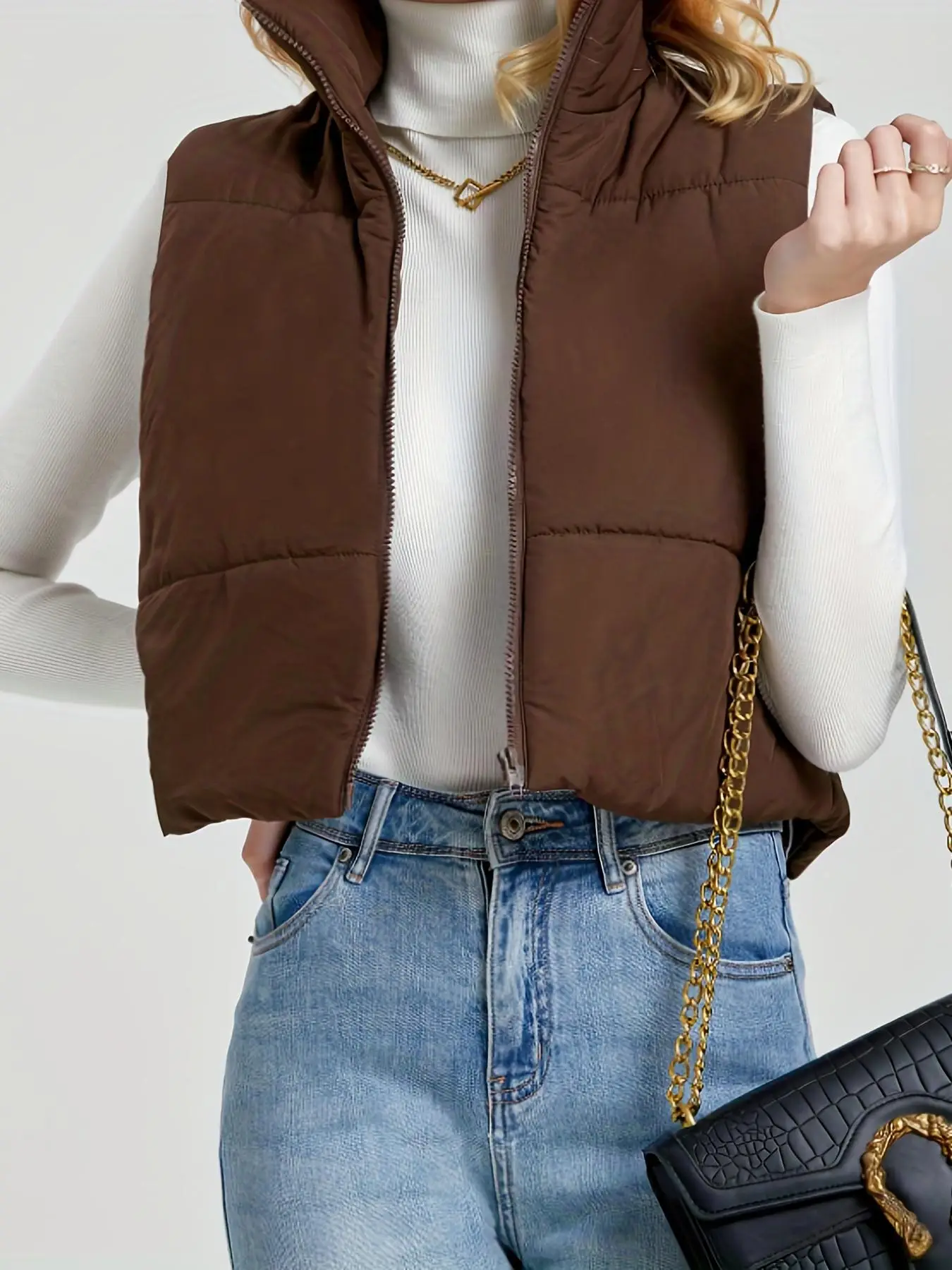 Women's Basic Solid Zip Up Stand Collar Waistcoat without Sweater, Fashion Casual Comfort Sleeveless Fitted Outerwear for Lady, Minimalist Womenswear