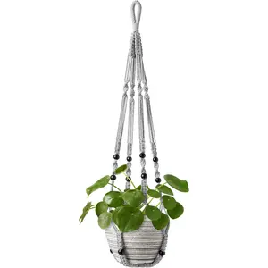Macrame  Hanger Indoor Hanging Planter Basket with  Beads Decorative Flower Pot Holder No Tassels for Indoor Outdoor Boho Home Decor 35 Inch, Grey, Set of 1 (POTS NOT Included)