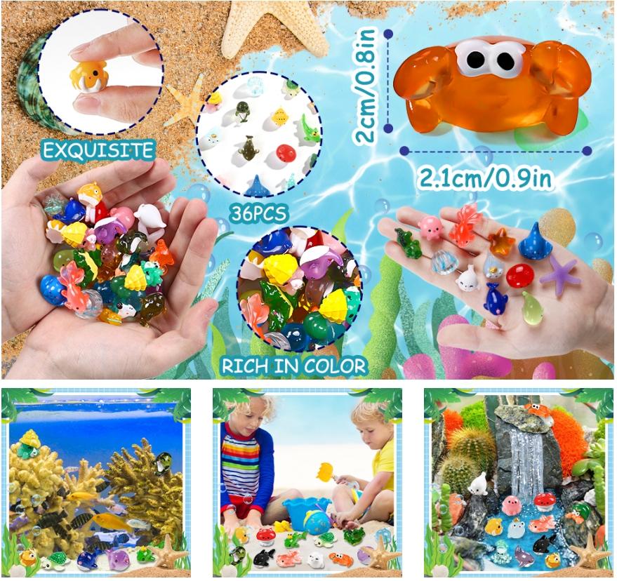 36pcs Mini Ocean Resin Animals Tiny Sea Animals Figurines Marine Miniature Plastic Animals Aquarium Ornaments Decorations for DIY Fish Tank Potted Micro Fairy Garden Dollhouse
