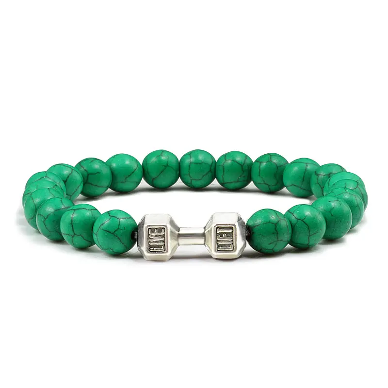 Turquoise Energy Gun Black Electroplated Alloy Barbell Bracelet 18CM 8MM Beads Unisex Statement Accessory