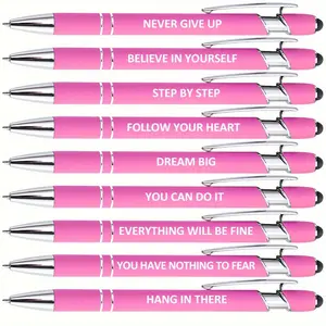 9pcs Pink Motivational Ballpoint Pens with Stylus Tip - Ballpoint Pen Set - "Never Give Up, " "Believe in Yourself, "  - Inspirational Phrases, Perfect Gift for Classmates, Teachers, Colleagues, School Supplies, Classroom Stationery, Playful Design