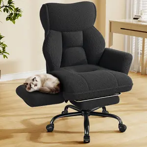 Raybee Executive office chair with adjustable armrests and backrest, footrest, and made of soft, breathable 224g thick teddy bear fleece; ergonomic high-back design; suitable for home offices and comfortable workspaces.