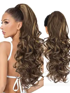 24 Inch Claw Clip Ponytail Extension, Long Curly Wavy Chocolate, Highlights, Synthetic Fiber Wig for Women