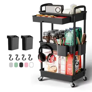 3 Tier Rolling Cart Organizer,Laundry Room Bathroom Organizers and Storage Office Shelves Mobile Shelving Unit Kitchen Trolley Cart with Wheels for Art,Craft,Diaper,Bedside,Snack(Black)