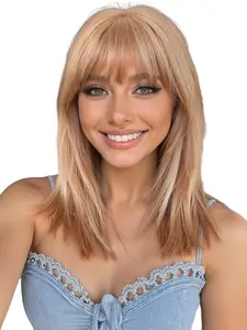 16 Inch Medium Straight Wig with Bangs, Synthetic Material Wigs, Synthetic Fiber, Natural Look, Easy Care, Suitable for All Ages, Versatile for Any Occasion