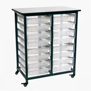 Luxor Furniture MBS-DR-16S-CL Mobile Bin Storage Unit Double Row with Small Clear Bins, Light Gray