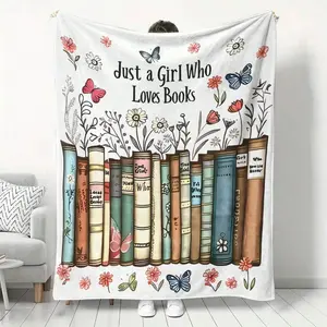 Cozy Bookworm Plush Blanket, Floral Book-Themed Flannel Throw for Readers, Soft Aesthetic Reading Blanket for Bedroom Decor, Perfect Gift for Book Lovers