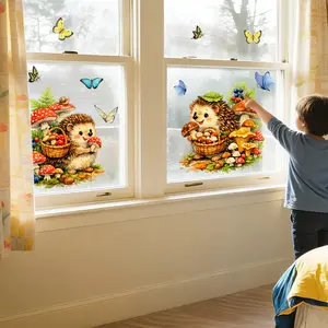 2Pcs/Set (3030cm2pcs) Watercolor Hedgehog Picking Mushrooms Static Window Cling, Forest Childlike Theme, Glue-Free Reusable Glass Decor Sticker